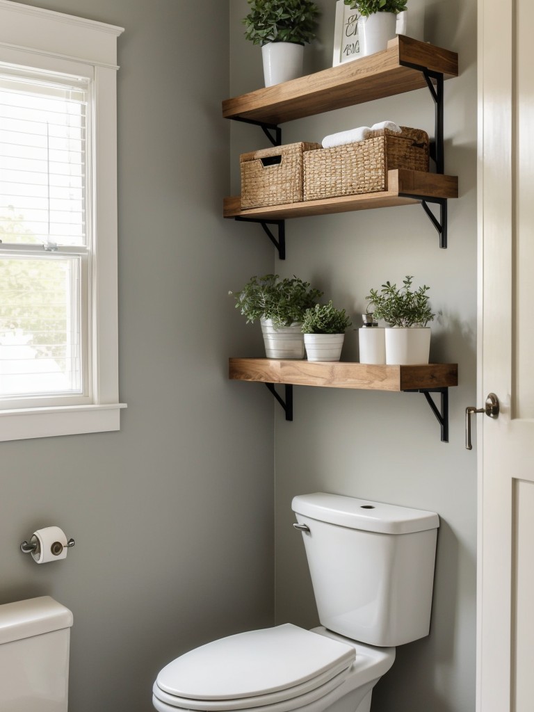 Hang a floating shelf above the toilet for additional storage or to display decorative items like plants or candles.