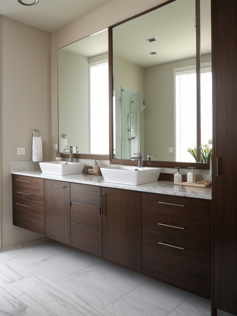 Install a floating vanity with a large mirror to maximize storage and reflect natural light, making the bathroom appear more spacious.