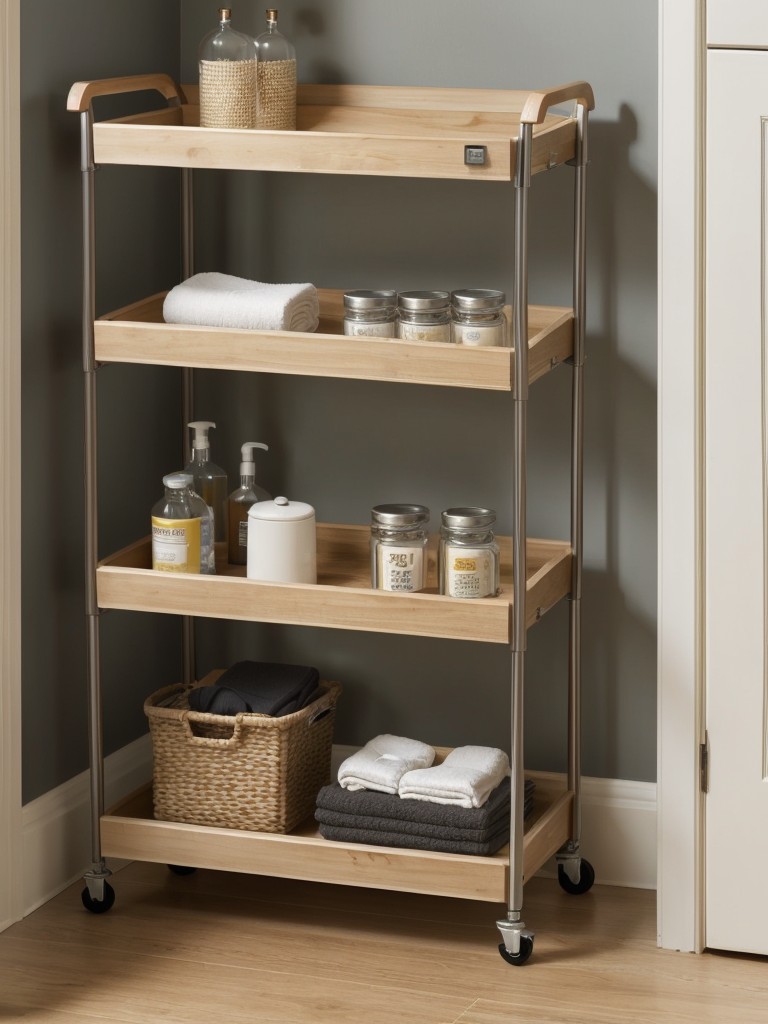 Utilize clever storage solutions like over-the-toilet shelving or a rolling cart that can be easily tucked away.