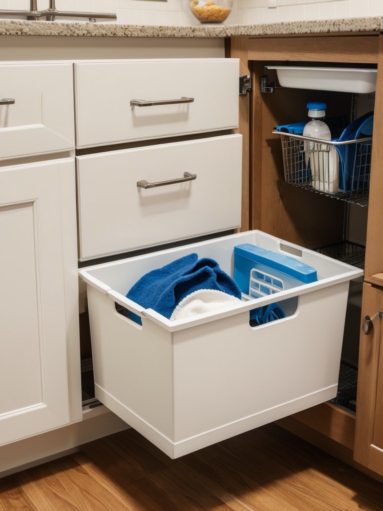 Utilize under-sink storage baskets or drawers to keep cleaning supplies and other essentials organized and hidden from view.
