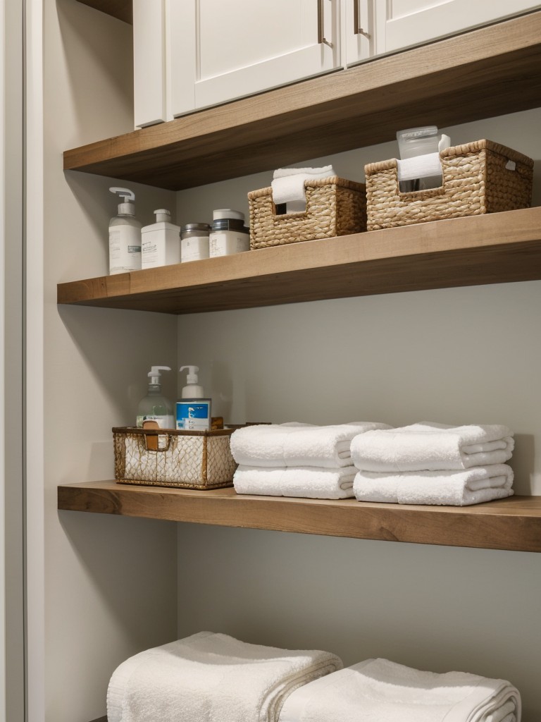 Utilize vertical space with wall-mounted shelves and cabinets for storing towels and toiletries.