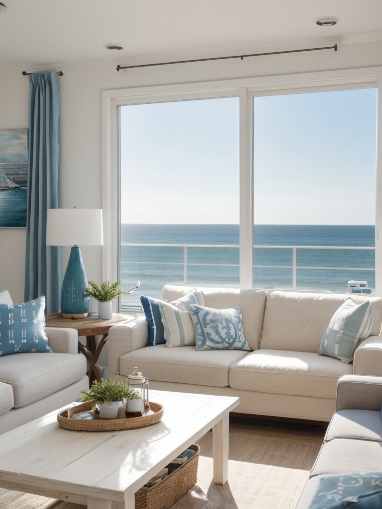 Coastal-inspired beach apartment with a relaxed color palette, natural textures, and nautical accents like seashells and anchors.