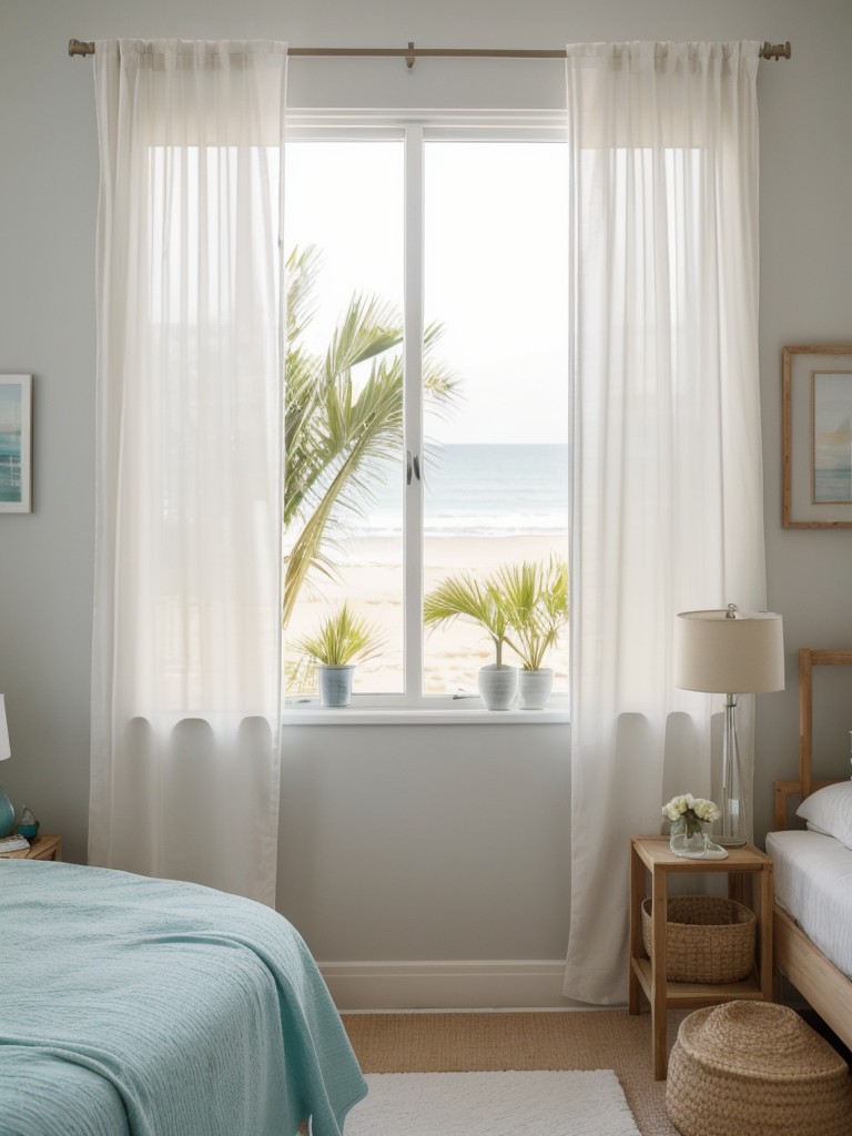 Create a beachy vibe in your apartment with light and airy furnishings, coastal artwork, and natural sunlight streaming through sheer curtains.