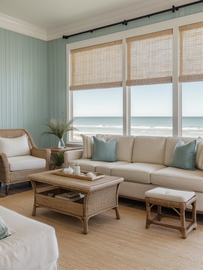 Create a coastal oasis in your apartment through the use of textured wall coverings, such as grasscloth, wicker panels, or shiplap, to evoke a beachfront ambiance.