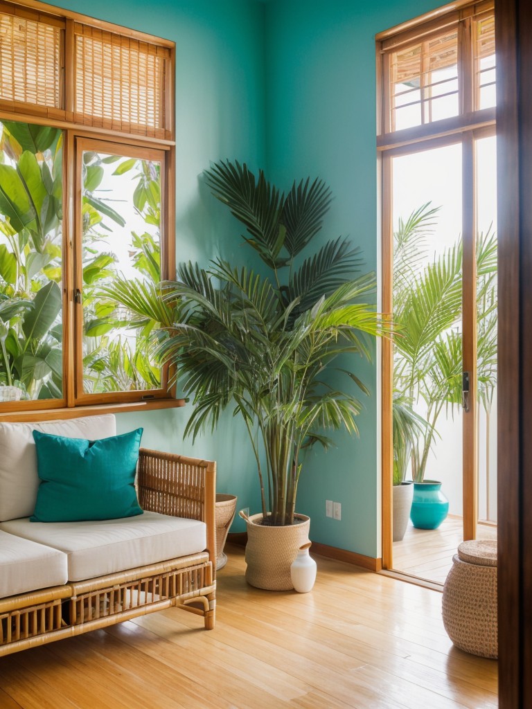 Create an island escape in your apartment with a vibrant tropical color palette, lush indoor plants, and a mix of rattan and bamboo furniture.