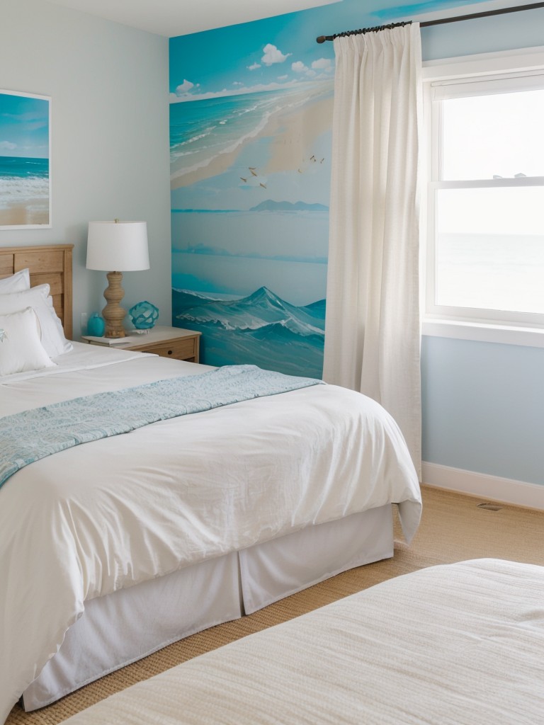 Design a beach-themed bedroom in your apartment, featuring a beach mural or wallpaper, crisp white bedding, and breezy curtains for a soothing seaside retreat.