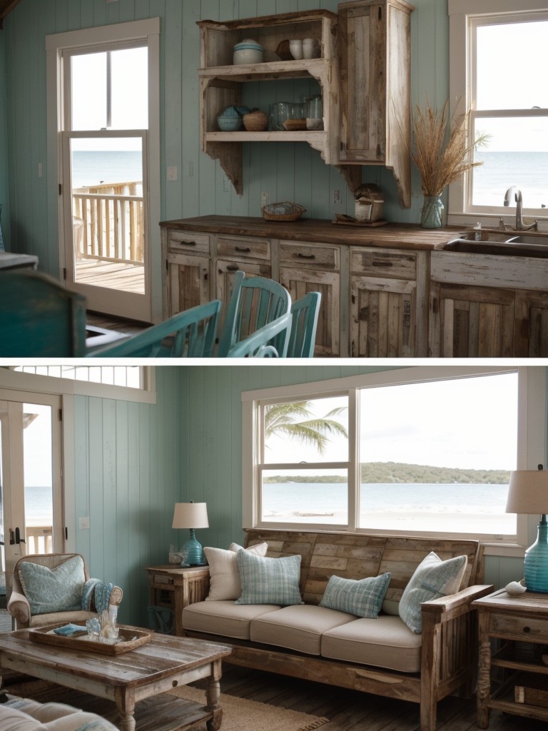 Embrace a laid-back beach shack aesthetic with distressed wood furniture, vintage coastal decor, and a color scheme inspired by sun-bleached driftwood.