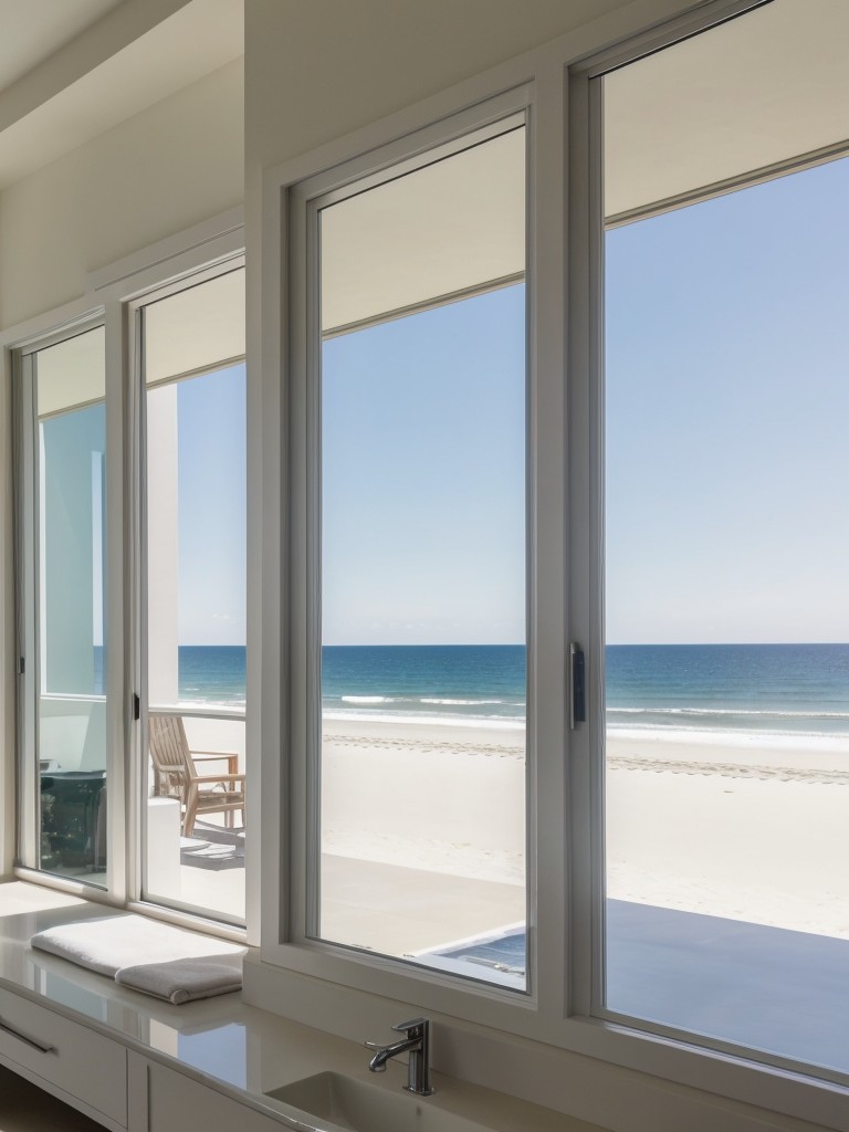 Expand your beach apartment's visual space by incorporating large mirrors throughout, allowing for more natural light reflection and echoing the open ocean landscape.