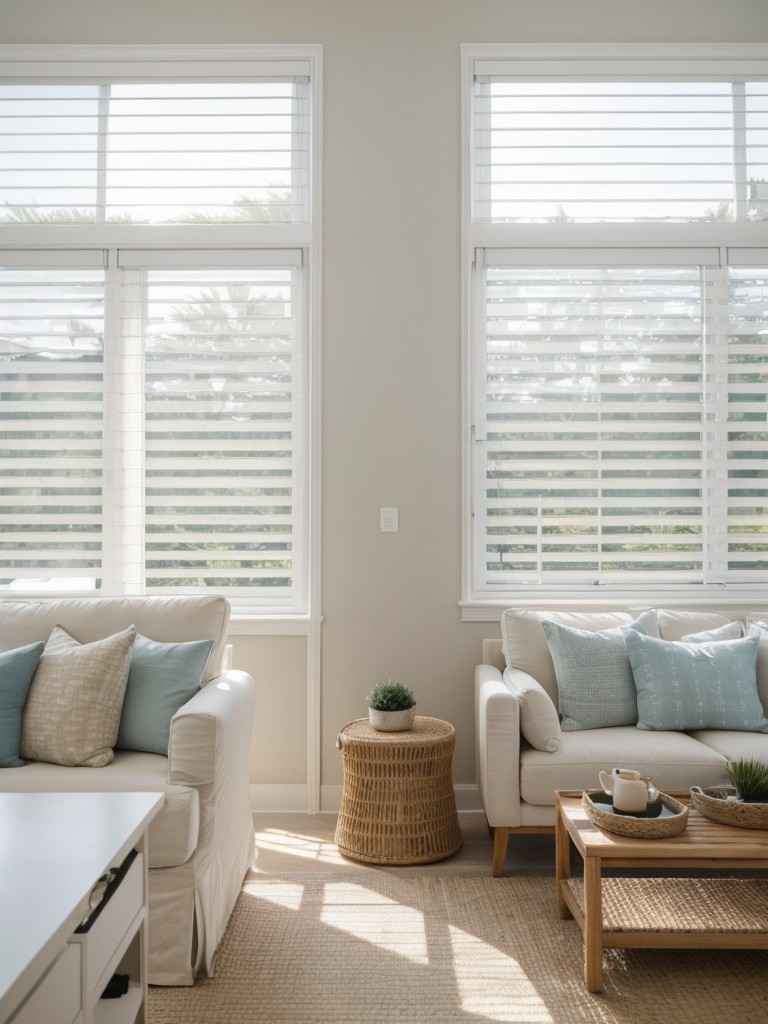 Opt for light and airy window treatments in your beach apartment, such as sheer curtains or woven blinds, to allow the ocean breeze to flow through your living space.