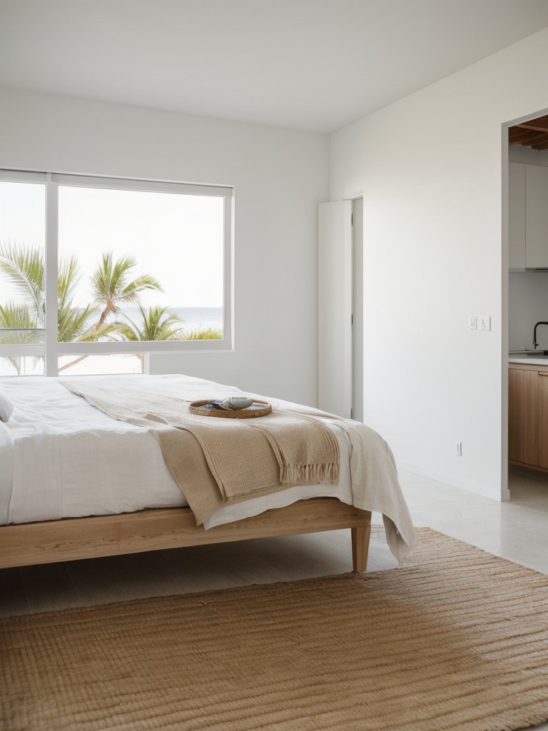 Opt for a minimalist beach apartment design, using clean lines, neutral colors, and natural materials like linen and jute to achieve a serene coastal atmosphere.