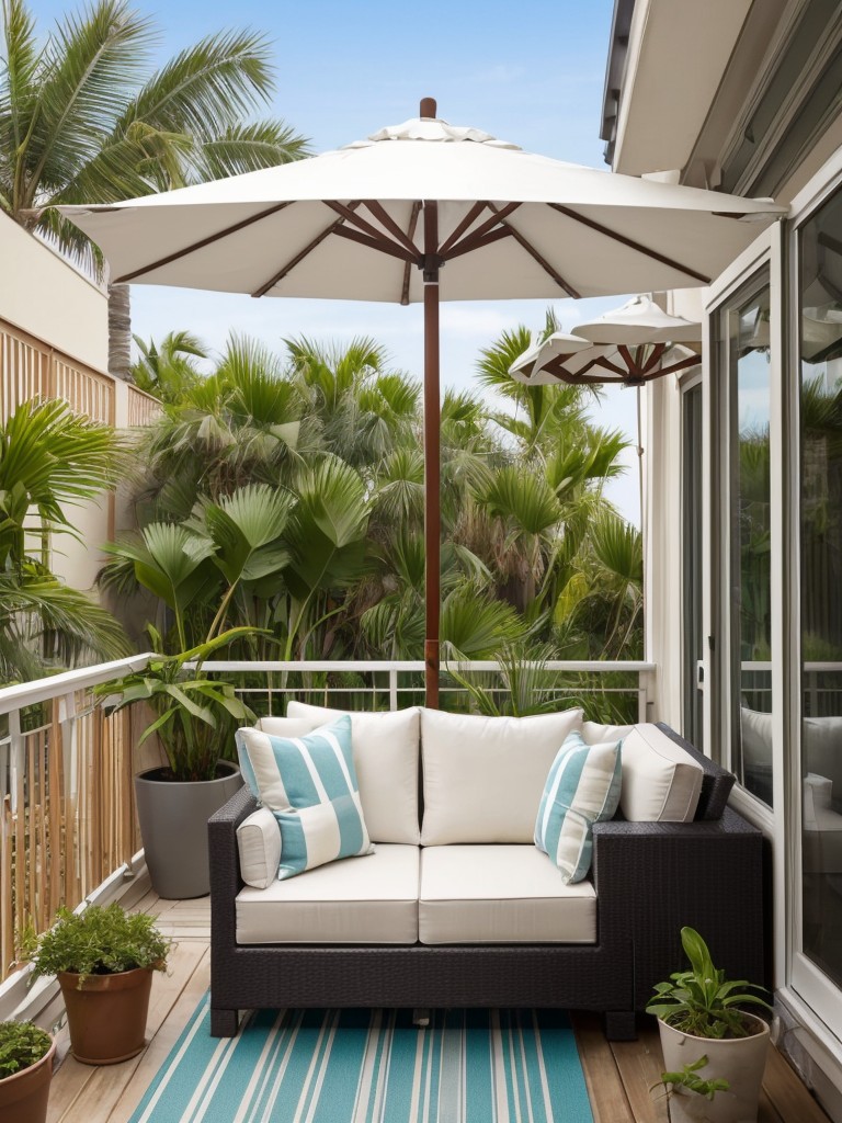 Optimize your beach apartment's outdoor space by creating a cozy balcony or patio area with comfortable lounge furniture, beach umbrellas, and potted plants.