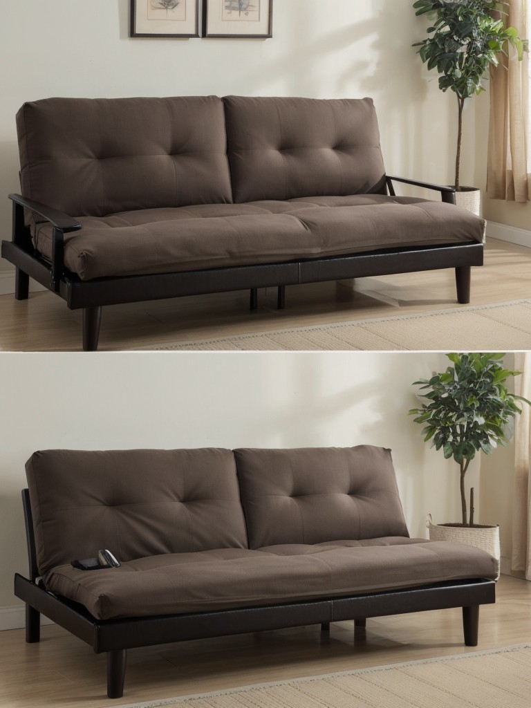 Futon or sofa bed that can be converted into a comfortable sleeping space when needed.