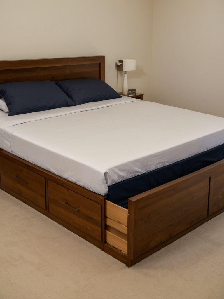 Platform bed with hidden storage compartments for keeping extra bedding or clothing.