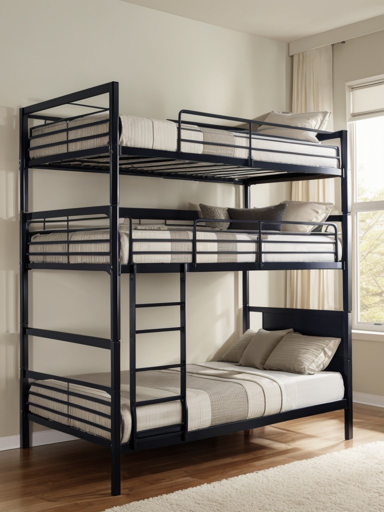 Foldable murphy bunk bed concepts for accommodating guests in compact studio apartment settings.