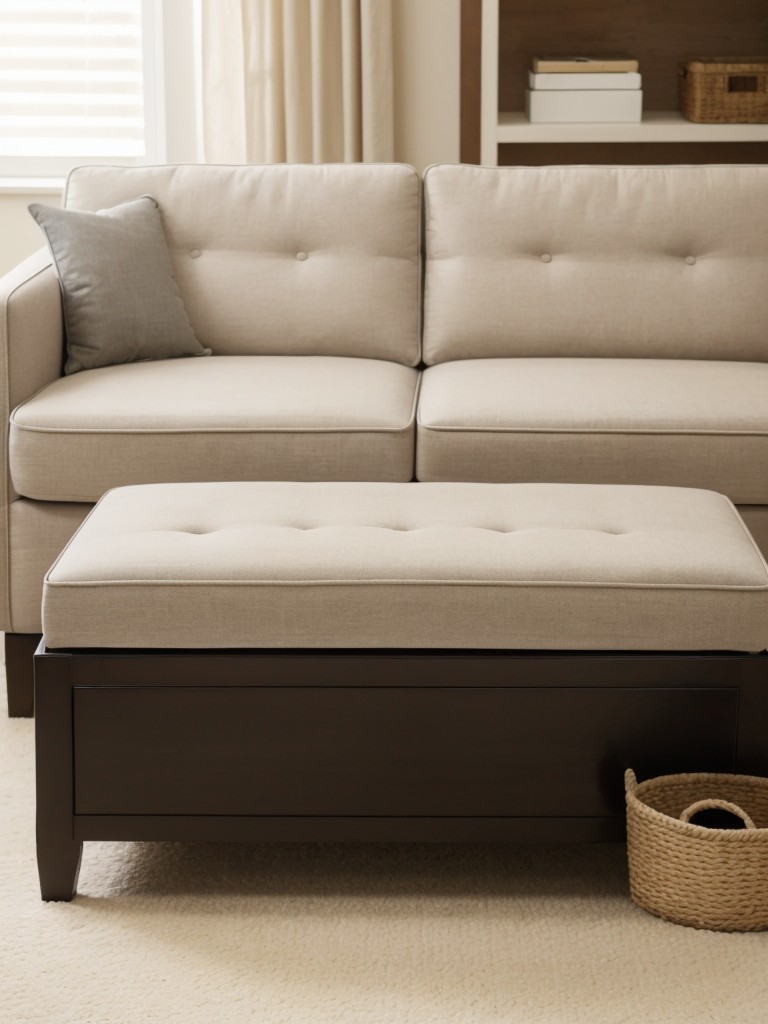 Choose furniture with built-in storage, like a storage ottoman or bench, for both seating and hiding clutter.