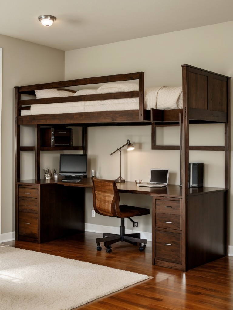 Consider a loft bed setup to create additional space beneath for a home office or lounge area.