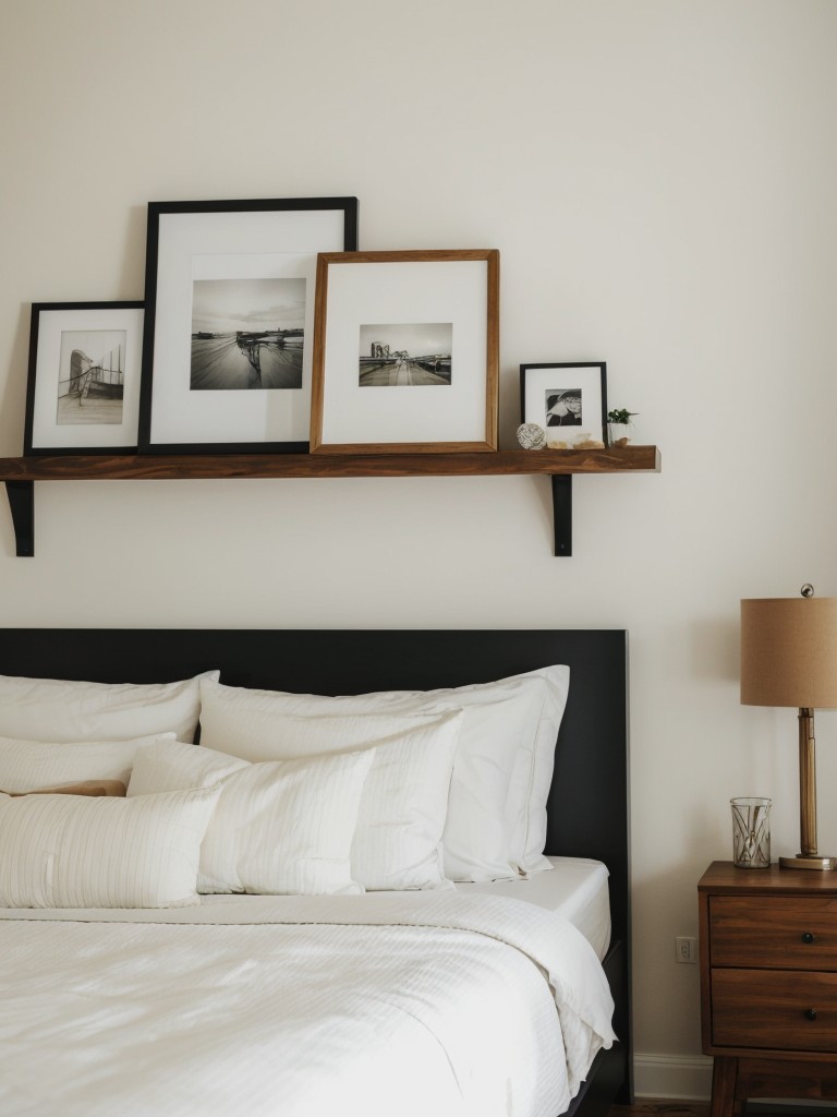 Install floating shelves above the bed or on empty walls to display personal mementos or artwork.