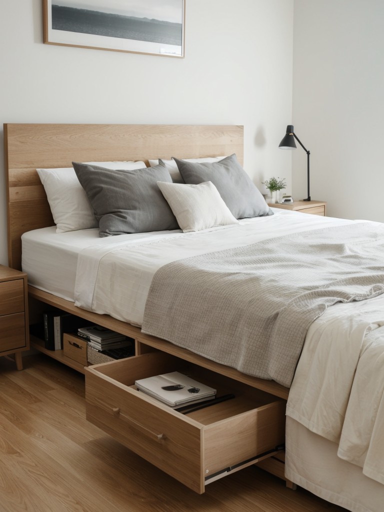 Opt for a minimalist platform bed with built-in drawers or under-bed storage to maximize space.