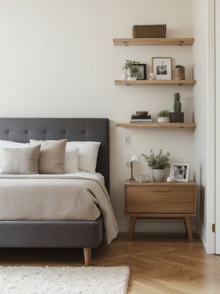 Opt for slim-profile bedside tables or wall-mounted shelves to save floor space.