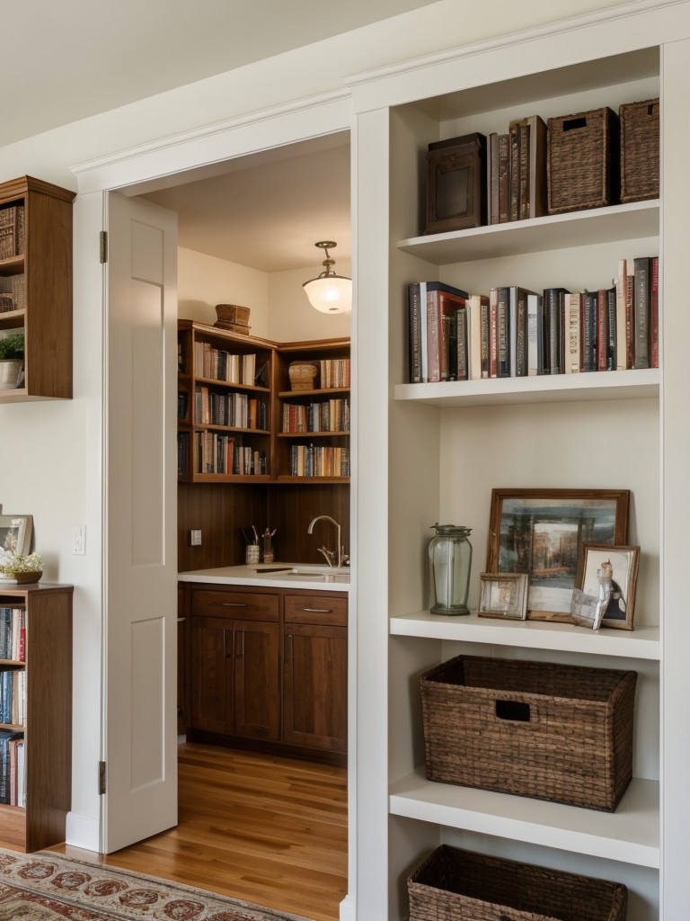 Utilize vertical space by incorporating wall-mounted shelves or bookcases for extra storage.