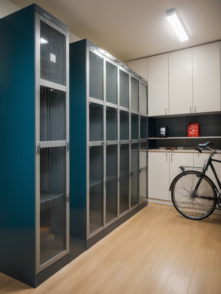 Bike storage lockers or cages within apartment buildings' communal areas, ensuring secure storage for residents' bicycles.