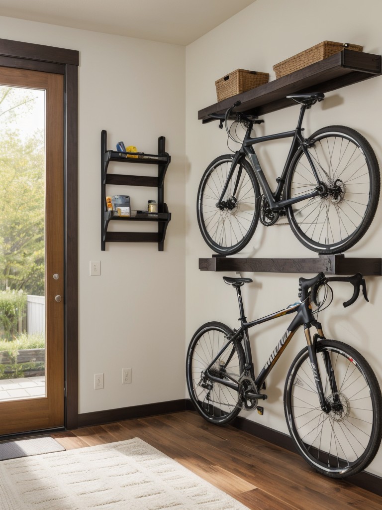 Install a bike shelf or wall-mounted bike rack near the entrance for easy access and organization.