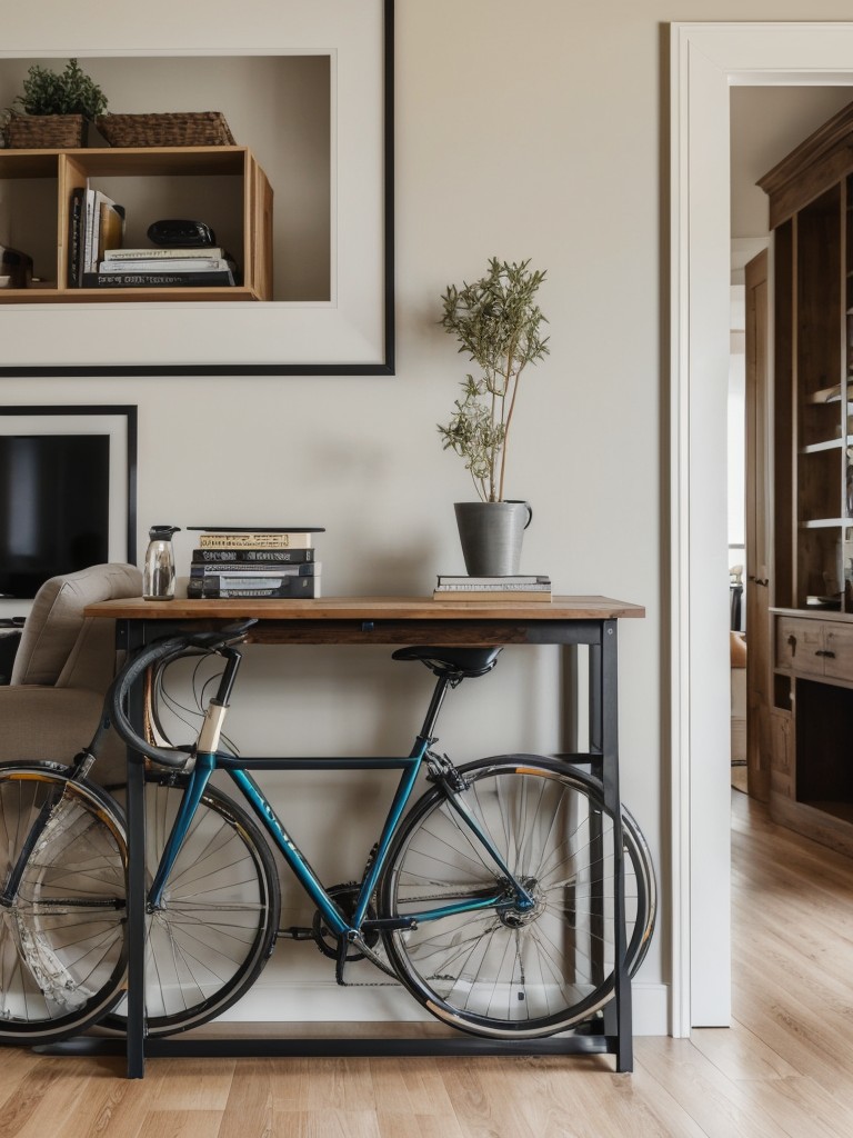 Invest in stylish bike storage furniture, such as a console table or bookshelf, that doubles as a bike rack.