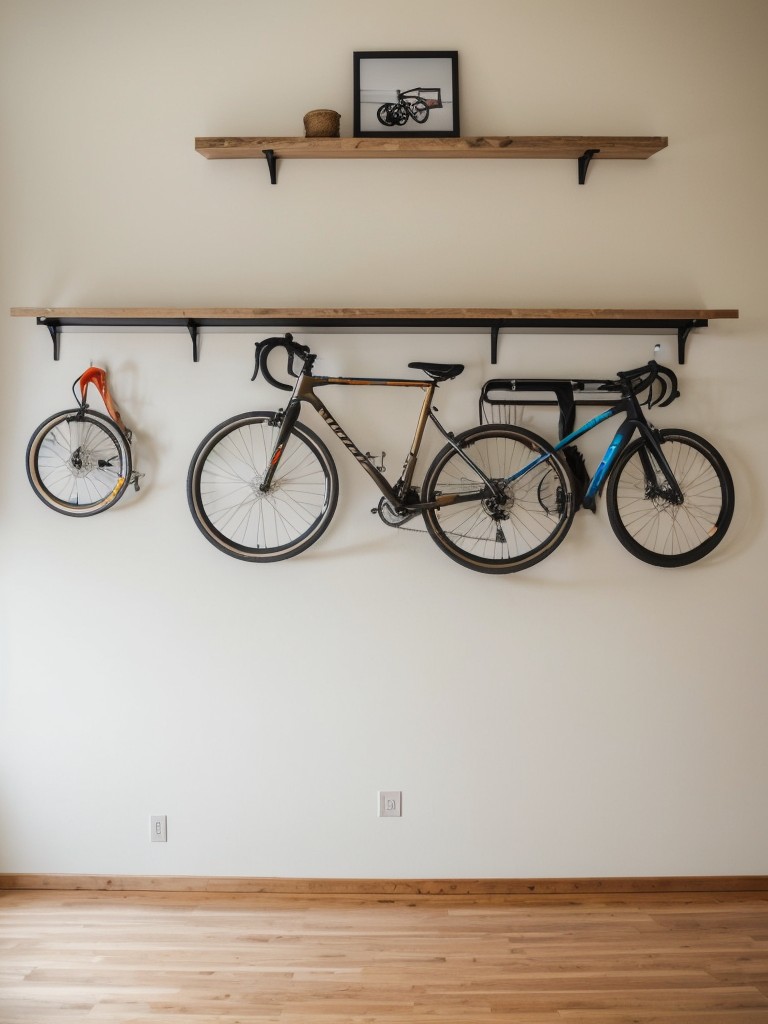 Utilize empty wall space to create a custom bike storage display or artwork using hooks or specialized brackets.