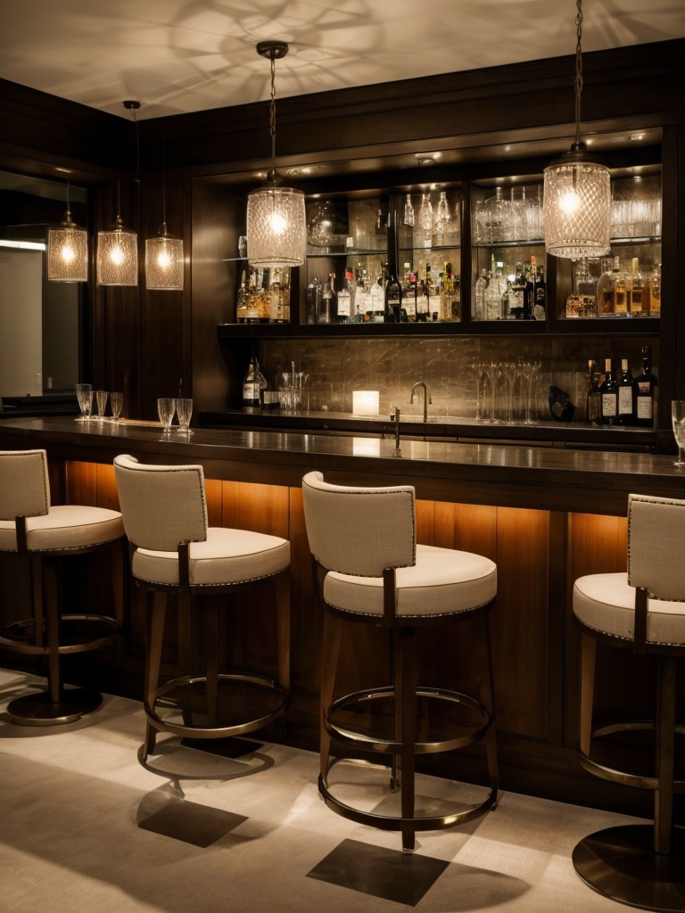 Create a stylish cocktail lounge by setting up a small bar cart, ambient lighting, and trendy bar stools.