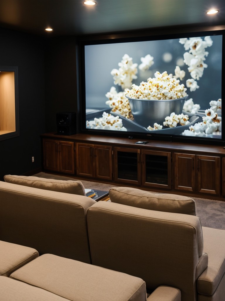Transform your living room into a cozy movie theater with a projector, popcorn machine, and comfy seating.