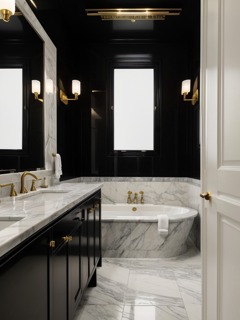 Art Deco-inspired black and white bathroom with black and white marble flooring, brass fixtures, and a vintage vanity.