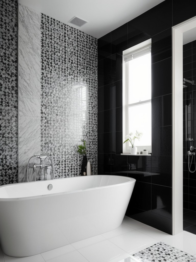Artistic black and white bathroom with black and white patterned tiles, white modern bathtub, and creative wall art.