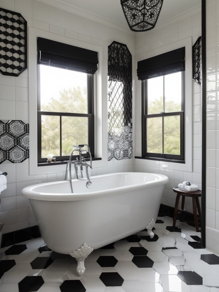 Bohemian-inspired black and white bathroom with black hexagonal tiles, macrame accents, and white freestanding bathtub.
