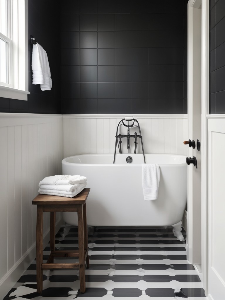 Coastal-inspired black and white bathroom with white shiplap walls, black hexagonal floor tiles, and nautical accents.
