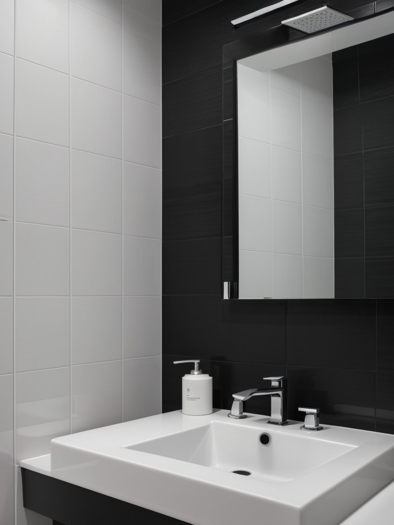 Contemporary black and white bathroom with black subway tiles, white vessel sink, and a trendy matte black rain showerhead.
