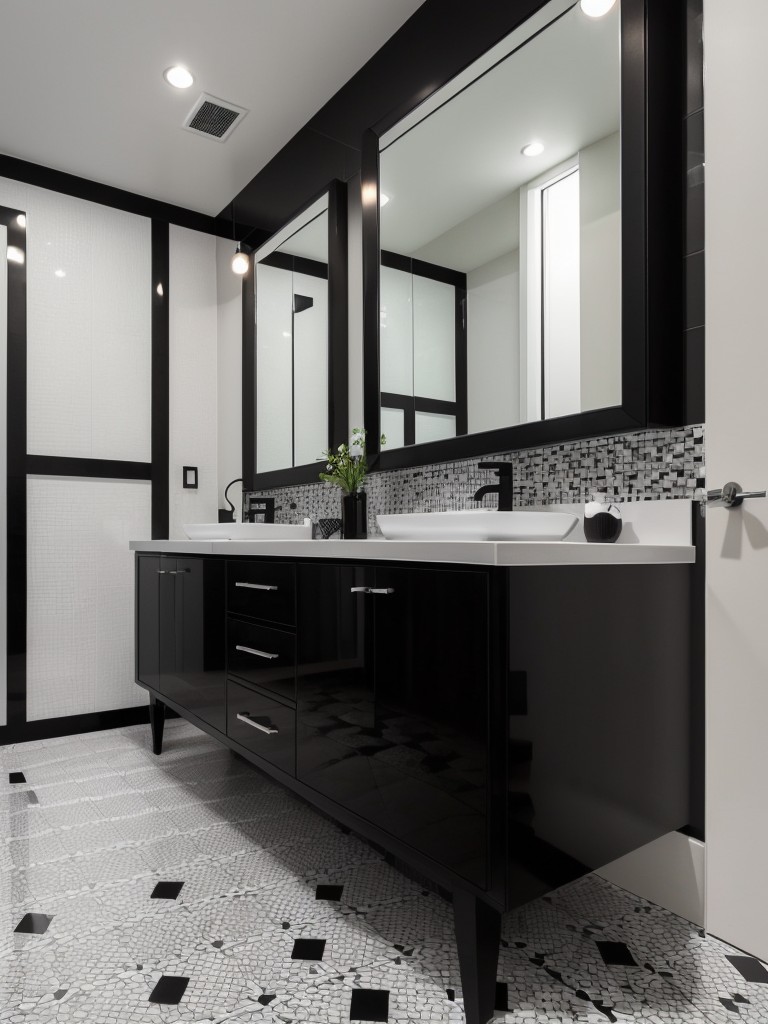 Contemporary black and white bathroom with black and white patterned floor tiles, white floating vanity, and black-framed mirrors.