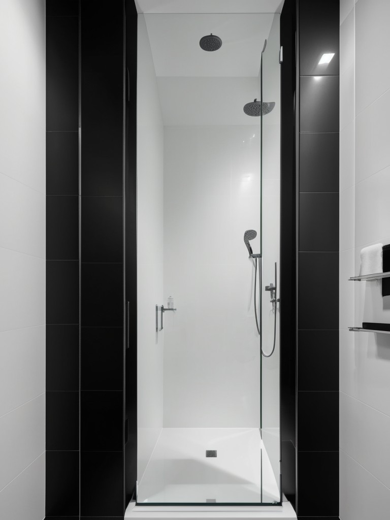 Contemporary black and white bathroom with sleek fixtures, frameless glass shower enclosure, and statement black vanity.