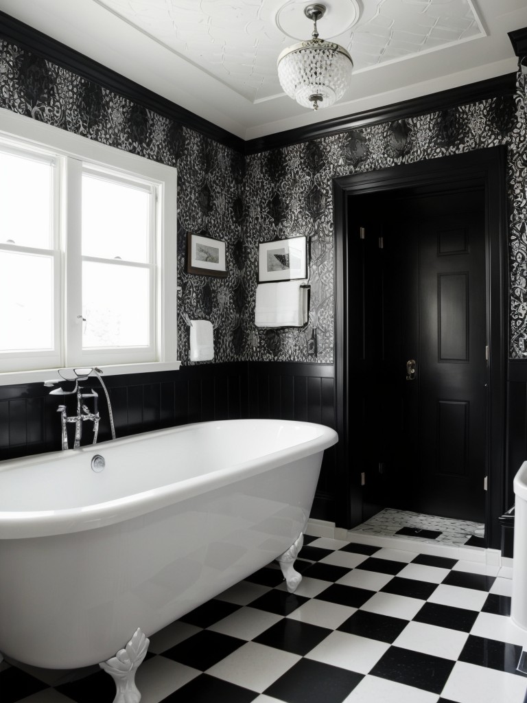 Eclectic black and white bathroom with patterned wallpaper, black painted ceiling, and white freestanding bathtub.