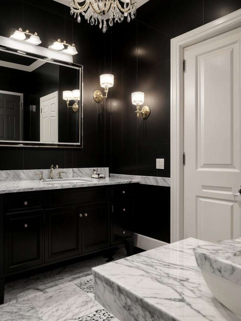 Glamorous black and white bathroom with black floral wallpaper, white marble vanity, and a luxurious crystal chandelier.