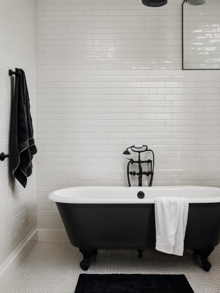 Industrial chic black and white bathroom with black painted brick walls, white subway tiles, and vintage exposed plumbing fixtures.