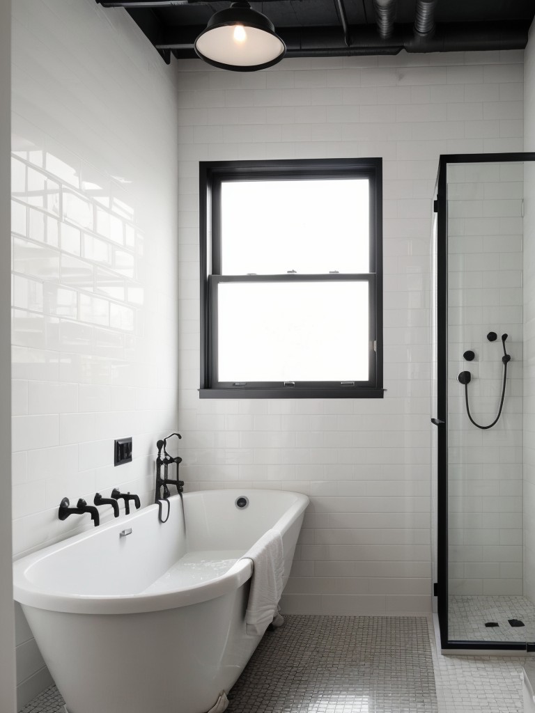 Industrial-style black and white bathroom with exposed brick walls, black metal accents, and white subway tiles.