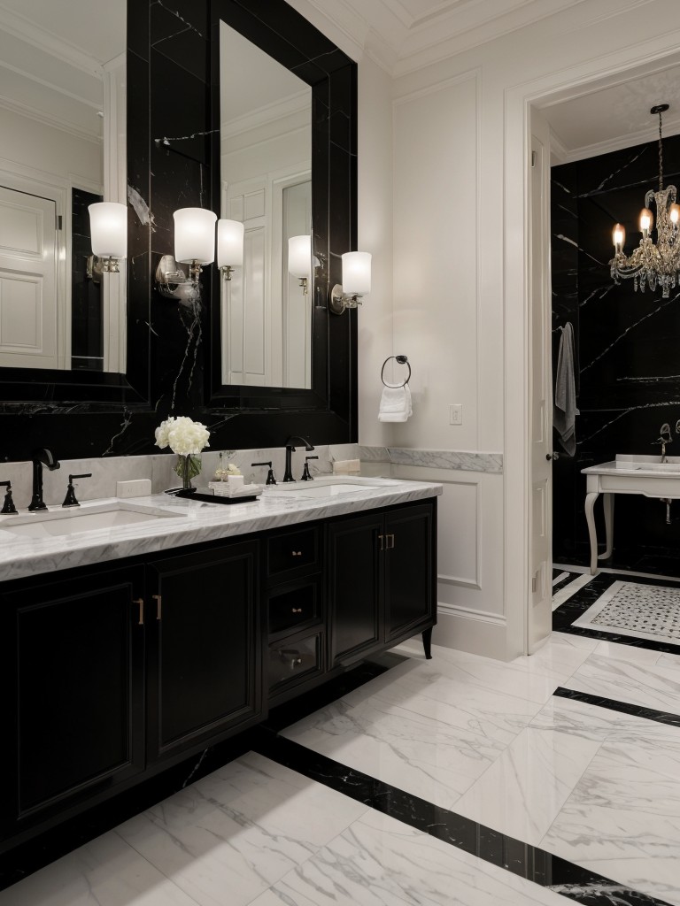 Luxurious black and white bathroom with black marble walls, white porcelain fixtures, and a dramatic chandelier.