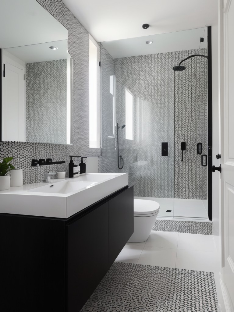 Minimalist black and white bathroom with black hexagonal tiles, white modern floating vanity, and black-framed mirrors.