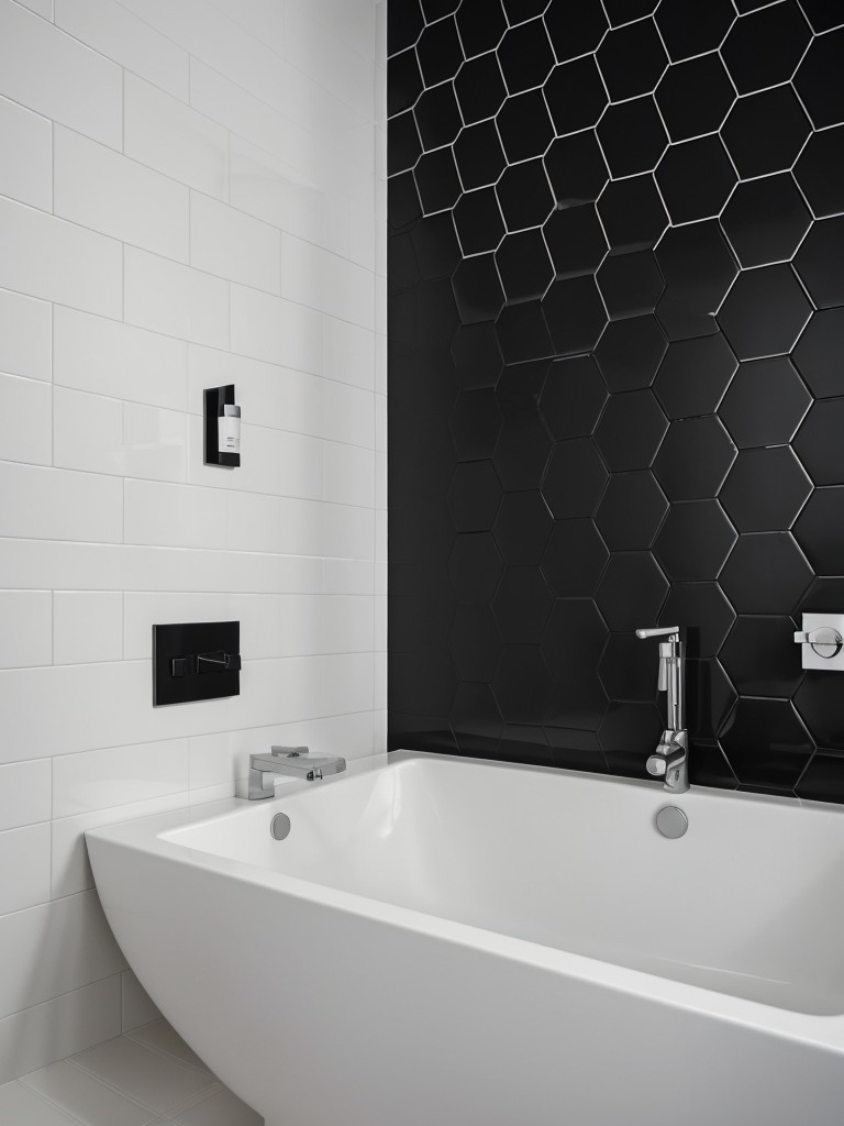 Minimalist Scandinavian black and white bathroom with black hexagonal wall tiles, white subway tiles, and wooden accents.