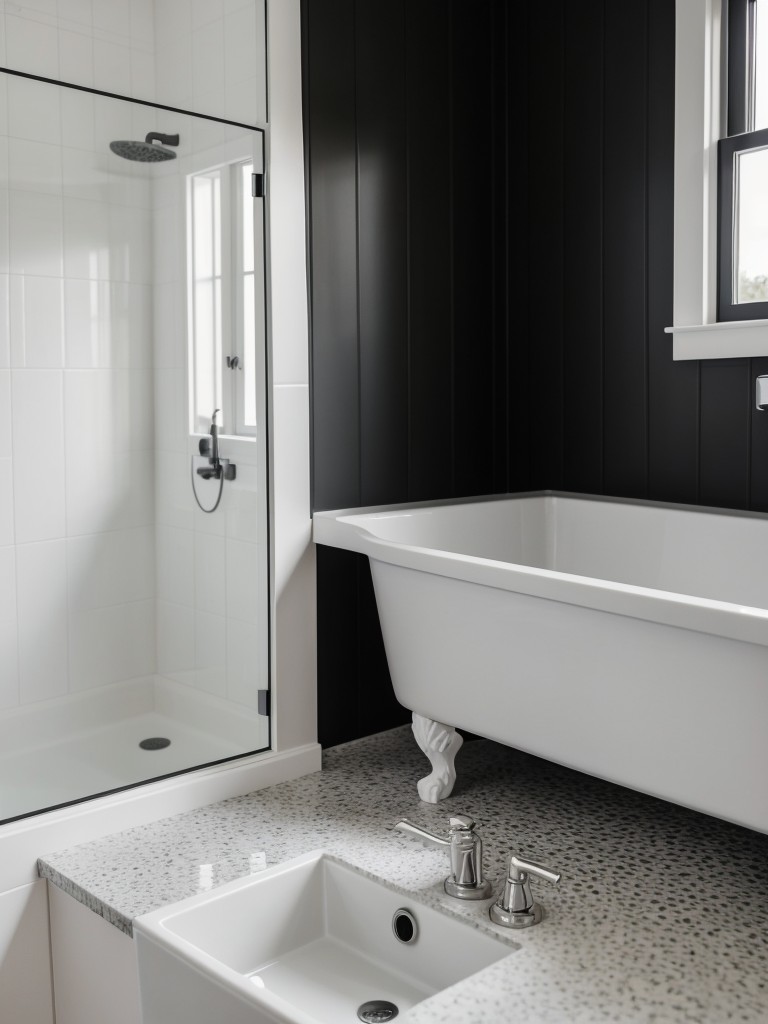 Modern farmhouse black and white bathroom with shiplap walls, black matte fixtures, and white porcelain farmhouse sink.