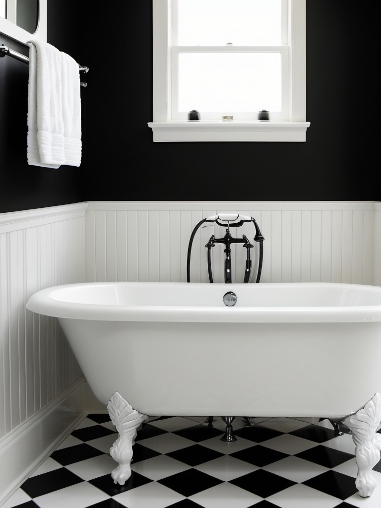 Retro-inspired black and white bathroom with black and white checkered flooring, white clawfoot bathtub, and black fixtures.
