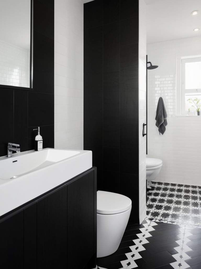 Scandinavian-inspired black and white bathroom with black painted wooden flooring, white subway tiles, and black fixtures.