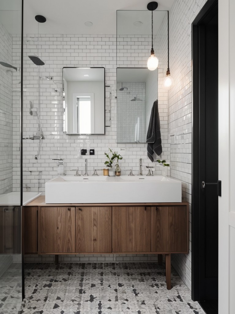 Scandinavian-inspired black and white bathroom with subway tiles, light wooden accents, and geometric patterns.