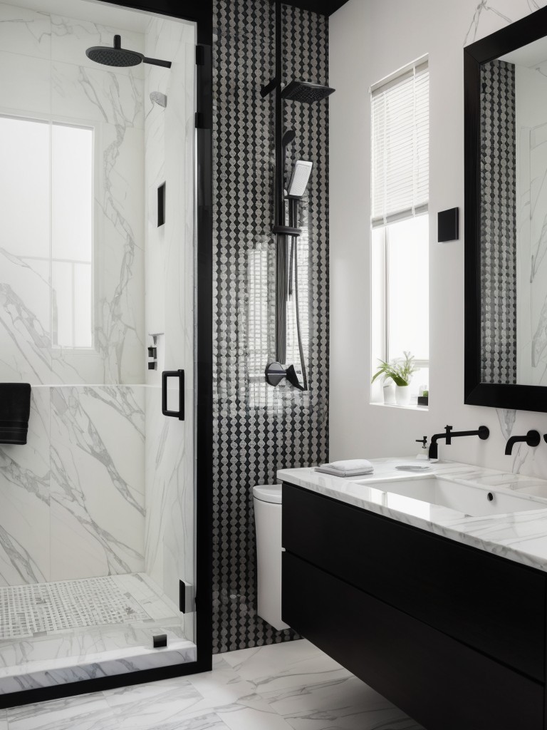 Sleek and minimalist black and white bathroom with marble countertops, freestanding bathtub, and monochrome mosaic tiles.