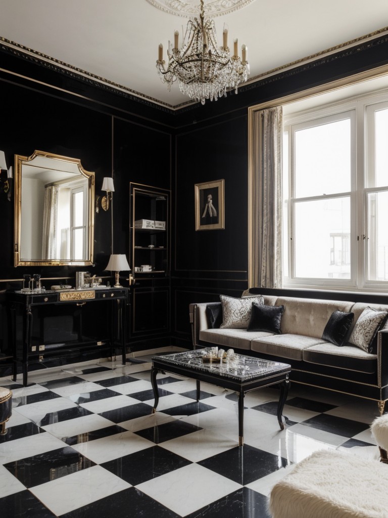 A chic black and white apartment with intricate patterned tiles, velvet accents, and antique furniture for a vintage-inspired look.